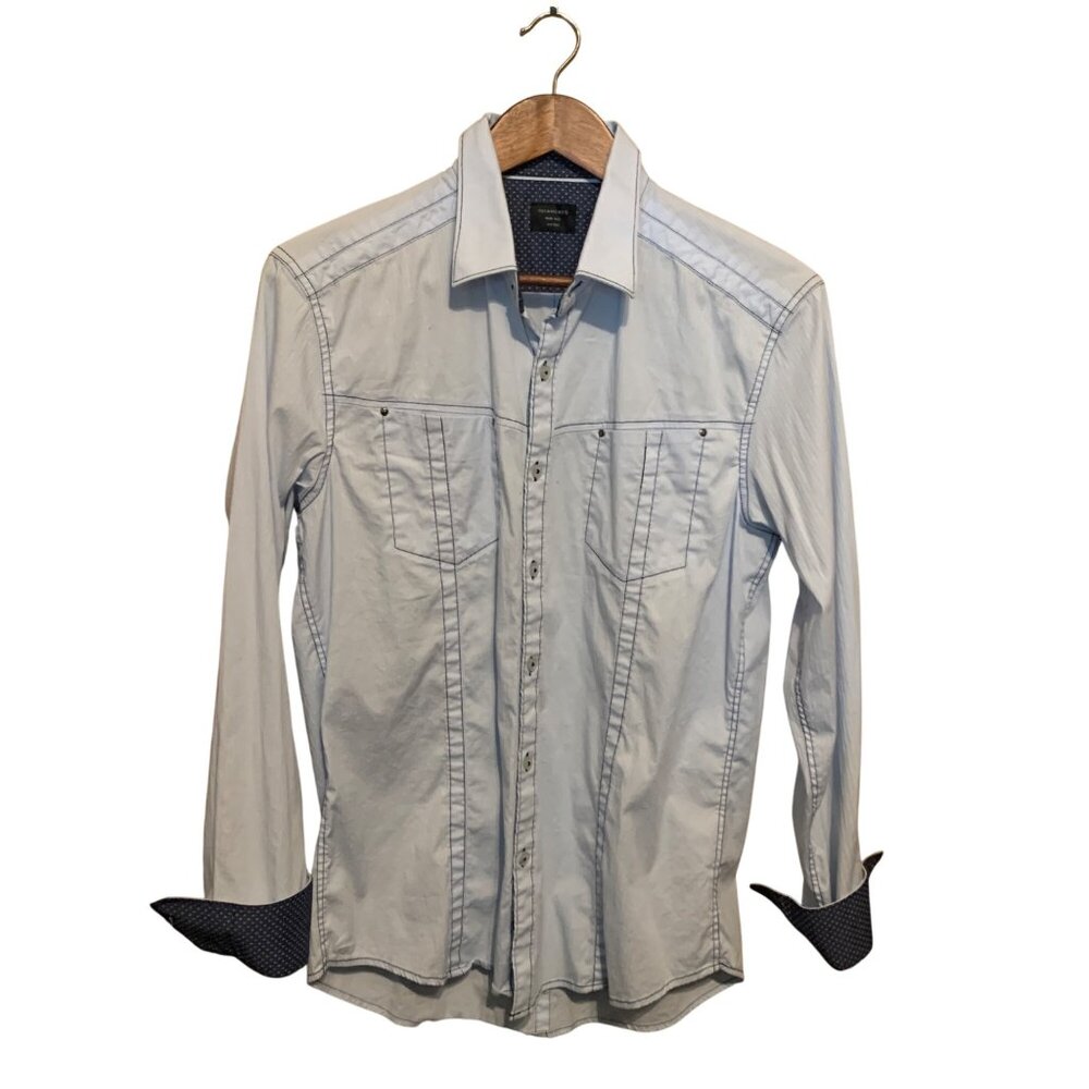 7Diamonds Mens Casual Button-Down Shirt Business Casual Flip Cuffs‎ Blue/Gray Sz